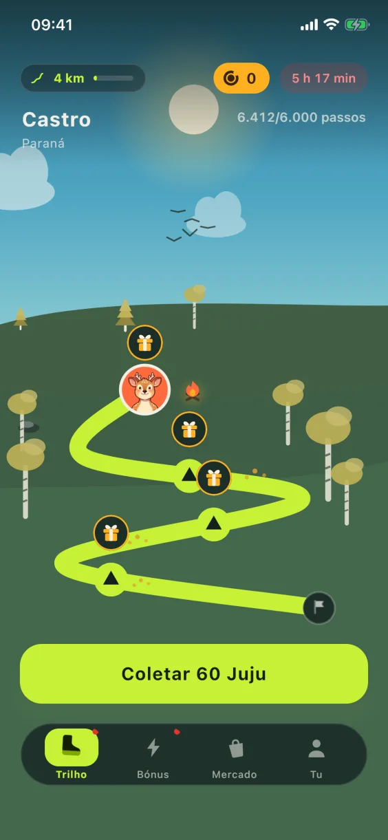 Tela Trilho do JujuWalk de dia: a rota de hoje com seus acampamentos, 6.412 de 6.000 passos, Recolher 60 Juju