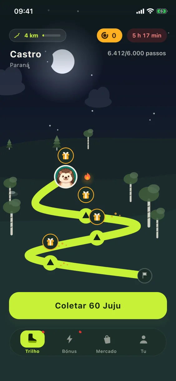 Tela Trilho do JujuWalk à noite: a rota de hoje com seus acampamentos, 6.412 de 6.000 passos, Recolher 60 Juju